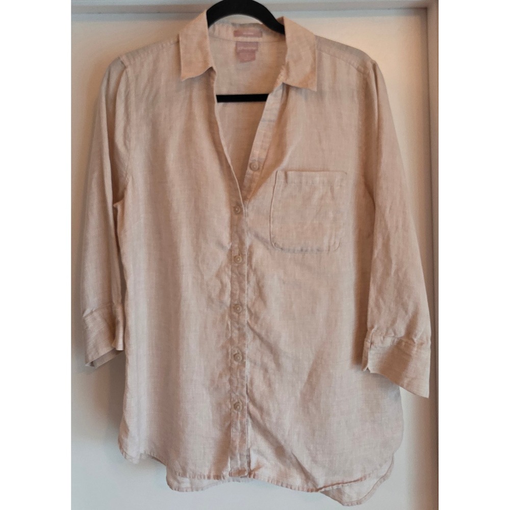 Chico's Button-Down Shirt Size 1 Beige Linen 3/4 Sleeve Collared Casual Top